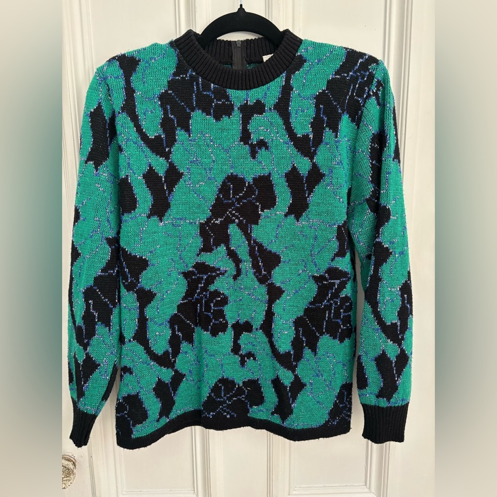D’allard’s Vintage Sweater Teal Black Sparkly Back Zipper Shoulder Pads